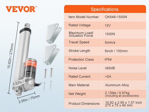 VEVOR 6000N Lineaire actuator, DC 12 V, lineaire aandrijving, IP44, elektrische lineaire motor, 200 mm, heflengte, geluidsniveau ≤ 50 dB, elektrische deuropener, 5 mm/s, rijsnelheid, lineaire