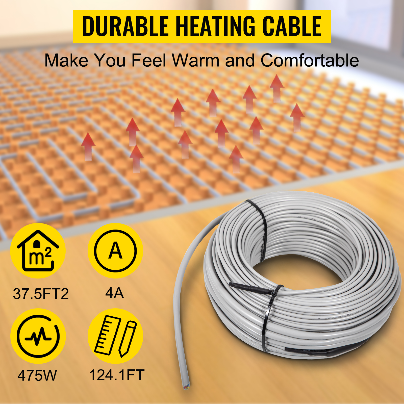 VEVOR Floor Heating Cable,475W 120V Floor Tile Heat Cable,124.1 FT Long ...