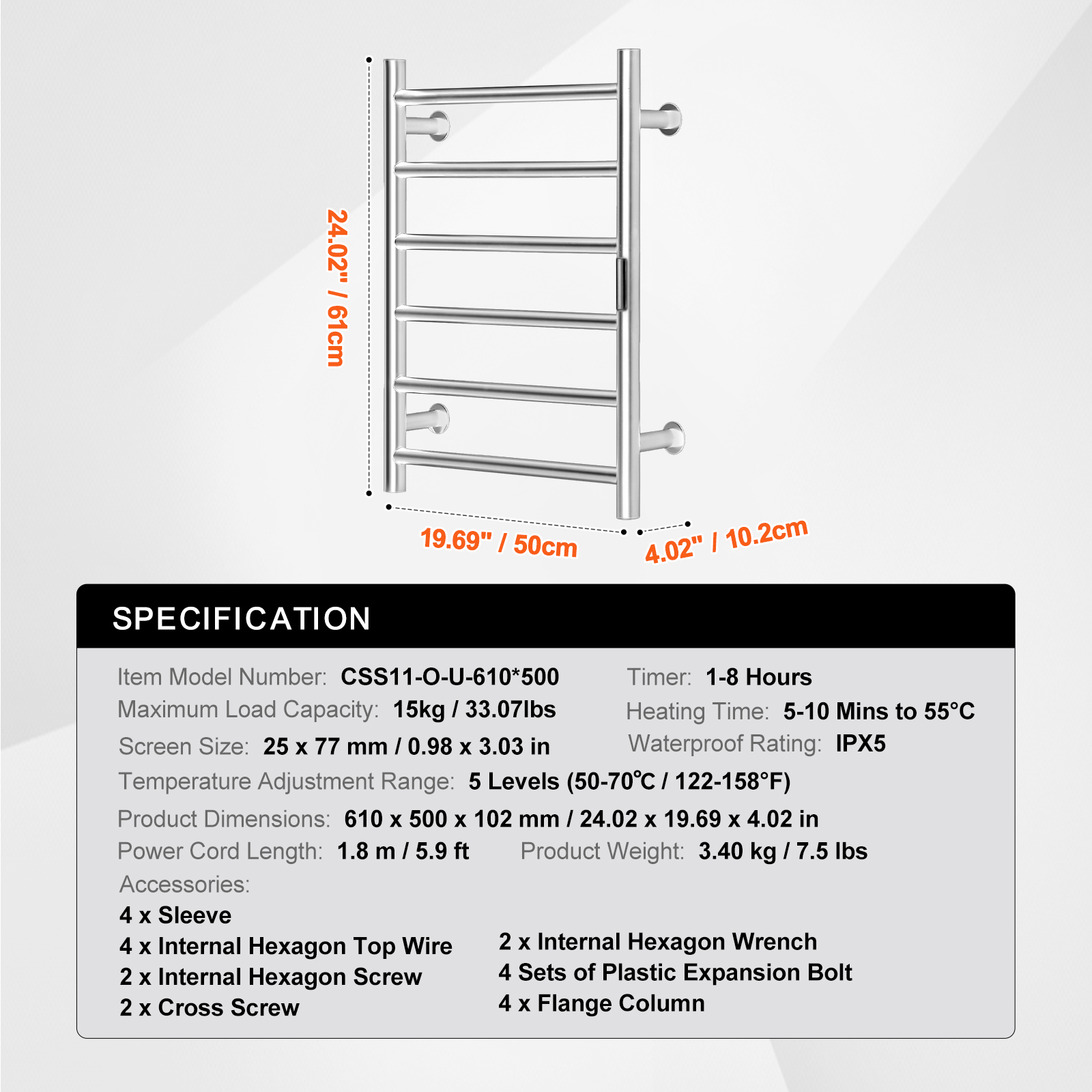 4/6/8/10-bar Towel Warmer Rack Wall Mounted Heated Towel Rack for Bathroom - Picture 21 of 84