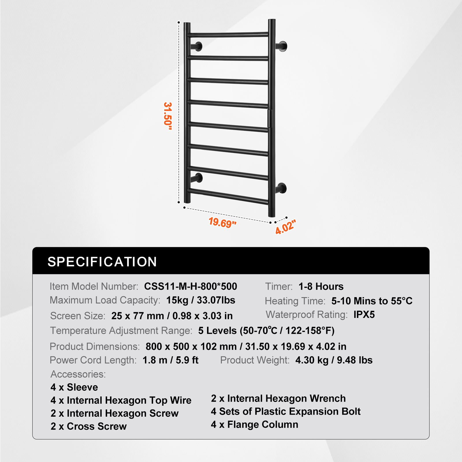 4/6/8/10-bar Towel Warmer Rack Wall Mounted Heated Towel Rack for Bathroom - Picture 33 of 84