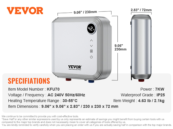 Calentador de agua eléctrico instantáneo sin tanque de 240 V 6.5 KW,  calefacción de agua caliente con control remoto, pantalla digital para el  hogar