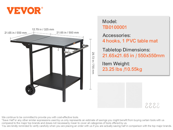 VEVOR Outdoor Grill Dining Cart with Double-Shelf, BBQ Movable Food Prep Table, Multifunctional Foldable Iron Table Top, Portable Modular Carts for Pizza Oven, Worktable with 2 Wheels, Carry Handle