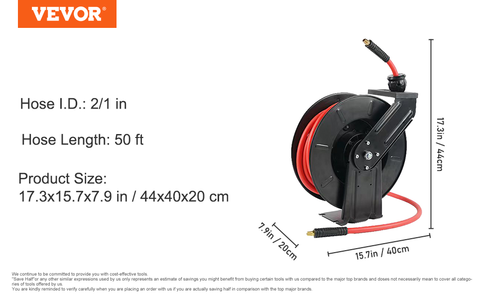 VEVOR Retractable Air Hose Reel, 1/2 IN x 50 FT Hybrid Polymer Hose MAX  300PSI, Pneumatic Ceiling / Wall Mount Heavy Duty Double Arm Steel Reel  Auto Rewind