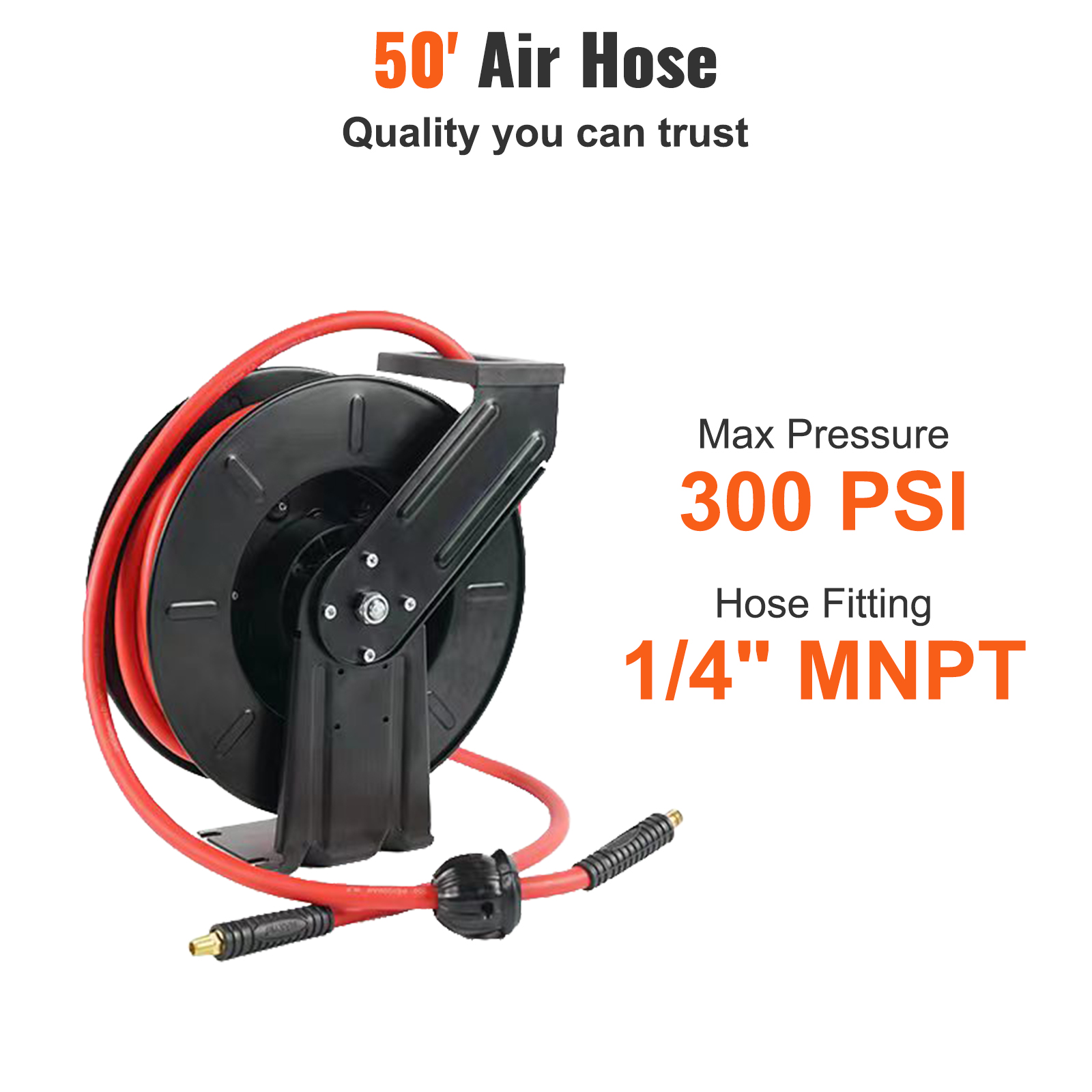 VEVOR Retractable Air Hose Reel, 3/8 IN x 50 FT Hybrid Air Hose Max 300PSI,  Air Compressor Hose Reel with 5 ft Lead in, Ceiling / Wall Mount Heavy Duty  Double Arm Steel Reel