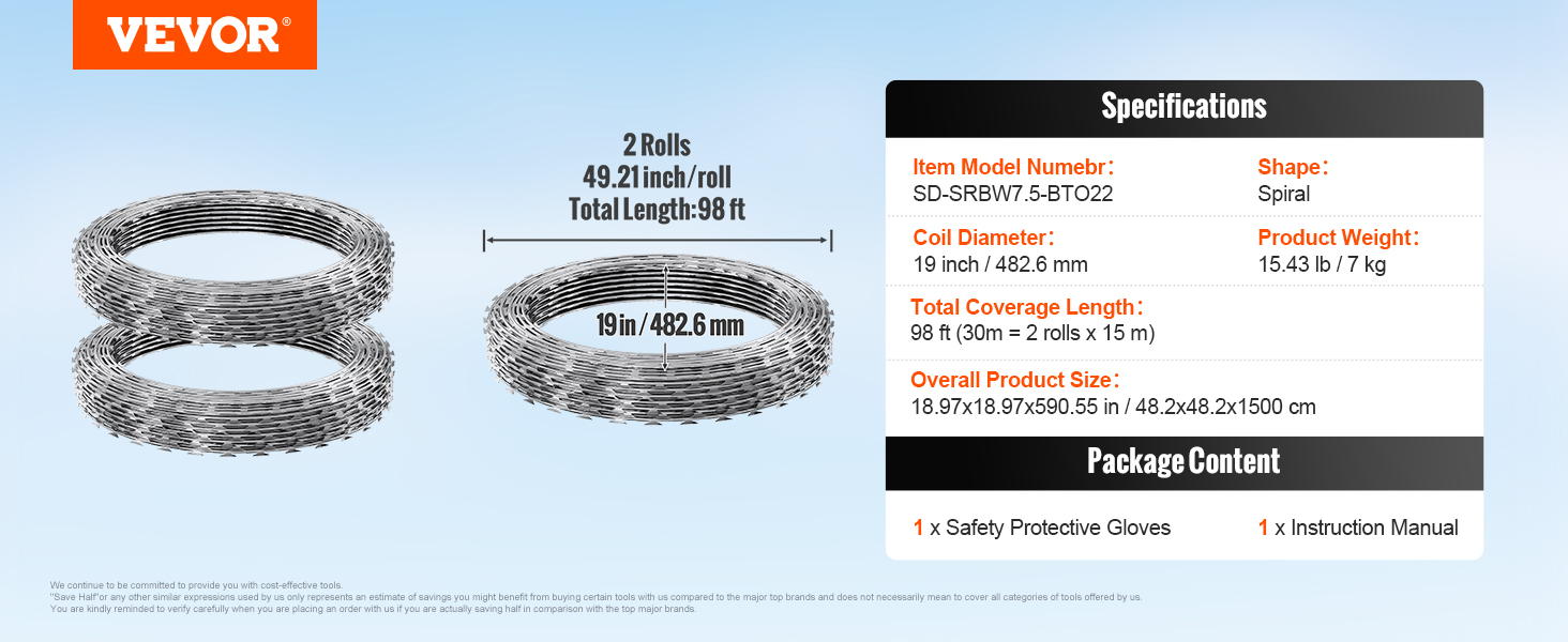 VEVOR NATO huzal 30 m (2 tekercs x 15 m) szögesdrót spirális sorompó drót szögesdrót kerítés (0,51 mm) éles pengék és (kb. 4 mm) vastag maghuzal hálós huzal a kivételes spirális védelemért