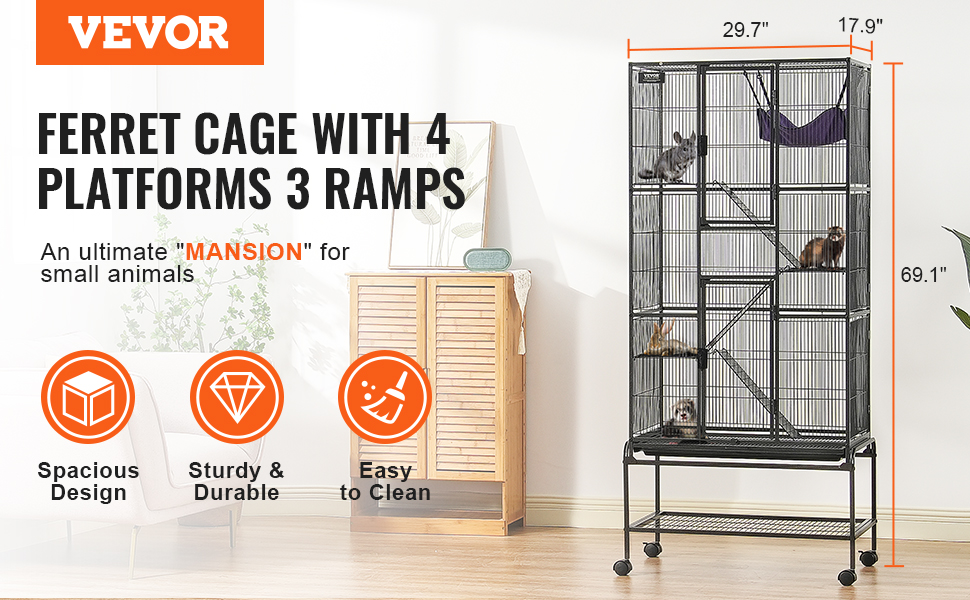 ferret cage with 4 platforms and 3 ramps in a spacious, easy-to-clean, and durable design.