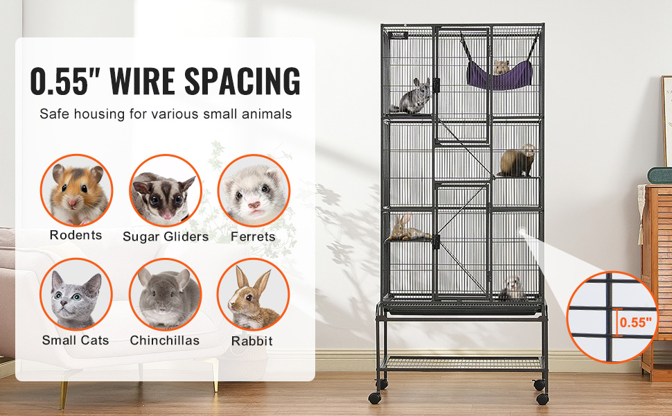 ferret cage with 1/2" wire spacing, housing small animals like rodents, sugar gliders, and rabbits.