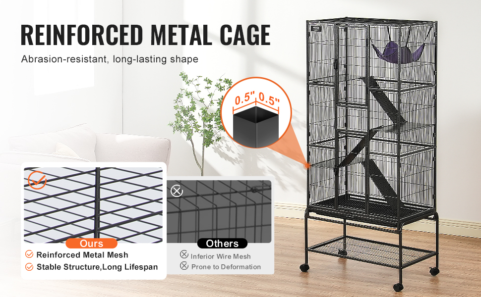 reinforced, abrasion-resistant  ferret cage with stable structure and 0.5" wire mesh for long lifespan.