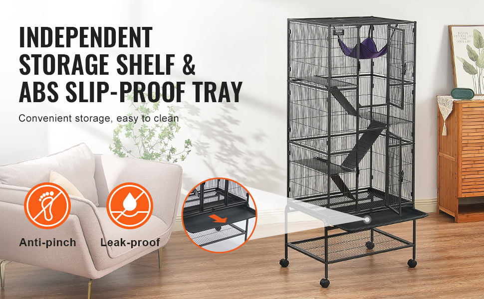 ferret cage with storage shelf and abs slip-proof tray, anti-pinch, and leak-proof features.
