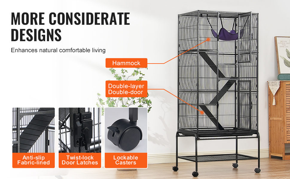 ferret cage with hammock, double-layer doors, anti-slip ramps, twist-lock latches, and lockable casters.