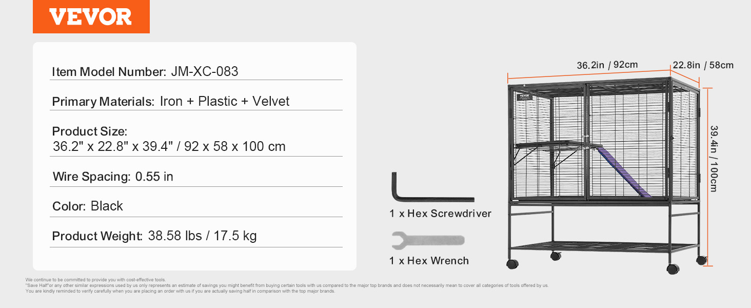 Metal ferret cage, rolling, 39 in