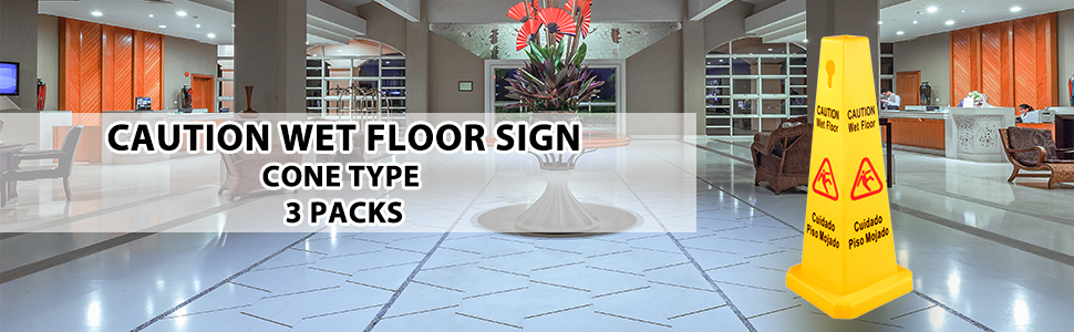 3 Pack Wet Floor Sign Cone 4 Sided Caution Wet Floor Sign Bilingual Wet Floor Signs for Office Restaurant Restroom 