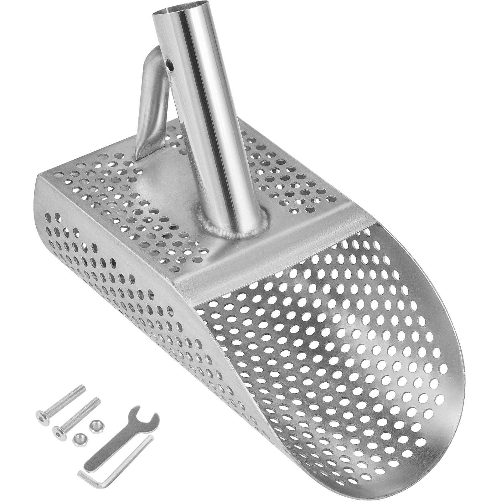 Heavy Duty Stainless Steel Beach Sand Scoop For Metal Detecting – 1.5mm Thick With Handle, 9mm Hex Holes