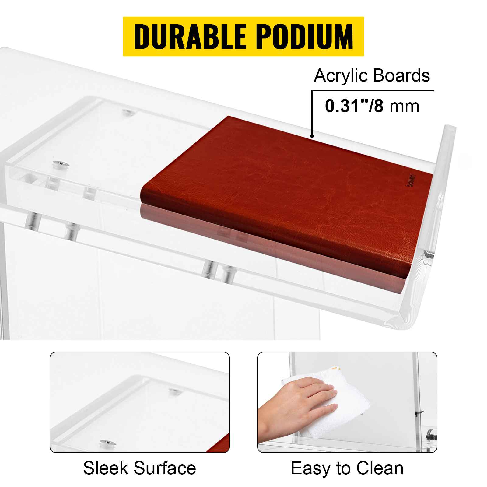 VEVOR Acrylic Podium 47.5" Tall Plexiglass Podium 26.8"x14.3" Table Acrylic Pulpits for Churches 8 mm Thick Acrylic Board Acrylic Podiums and Lecterns Design for Lecture Recital Speech & Presentation