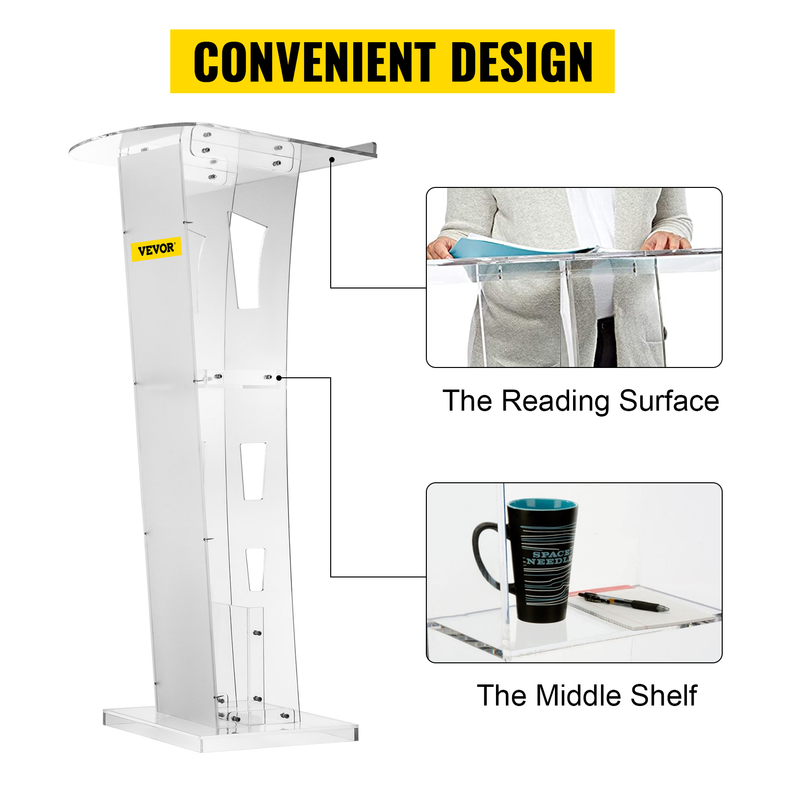 VEVOR Acrylic Podium 47.5" Tall Plexiglass Podium 26.8"x14.3" Table Acrylic Pulpits for Churches 8 mm Thick Acrylic Board Acrylic Podiums and Lecterns Design for Lecture Recital Speech & Presentation