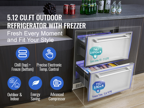 Refrigerador bajo encimera de 24 pulgadas, refrigerador de vino de 2  cajones con diferentes temperaturas, capacidad de 4.87 pies cúbicos, nevera