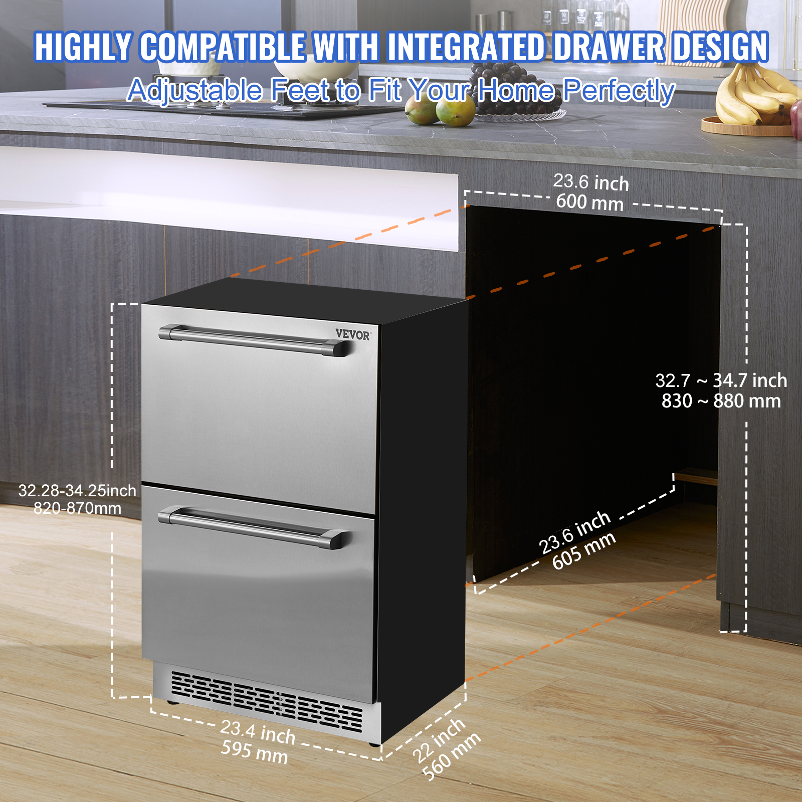 VEVOR 24" Undercounter Drawer Refrigerator Built-in Freezer Beverage Cooler SUS