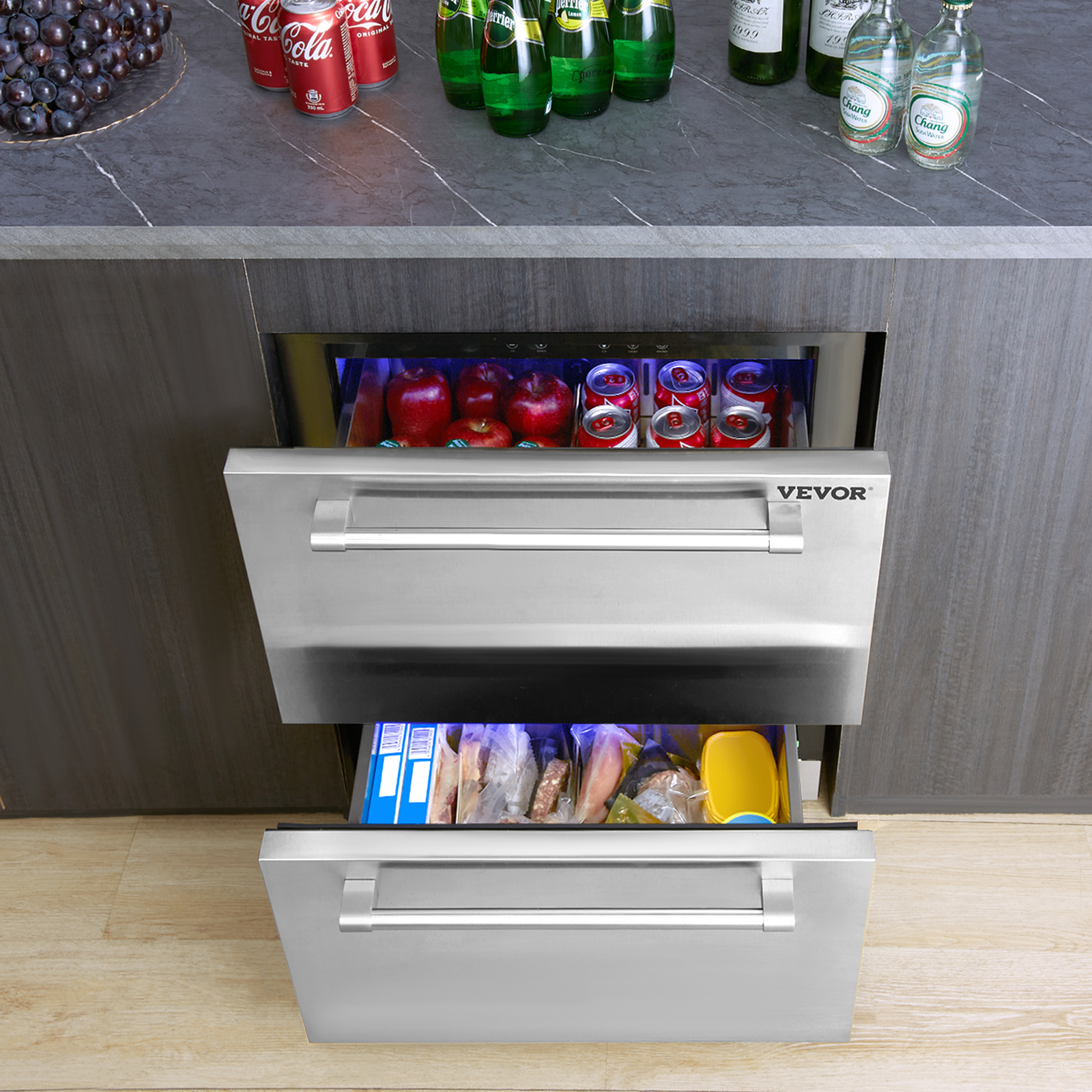 VEVOR 24" Undercounter Drawer Refrigerator Built-in Freezer Beverage Cooler SUS