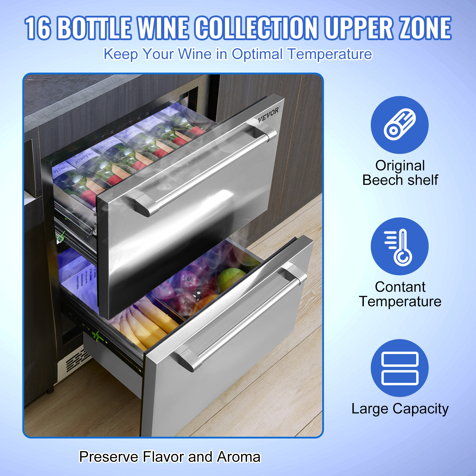 VEVOR 24" Undercounter Drawer Refrigerator Built-in Freezer Beverage Cooler SUS