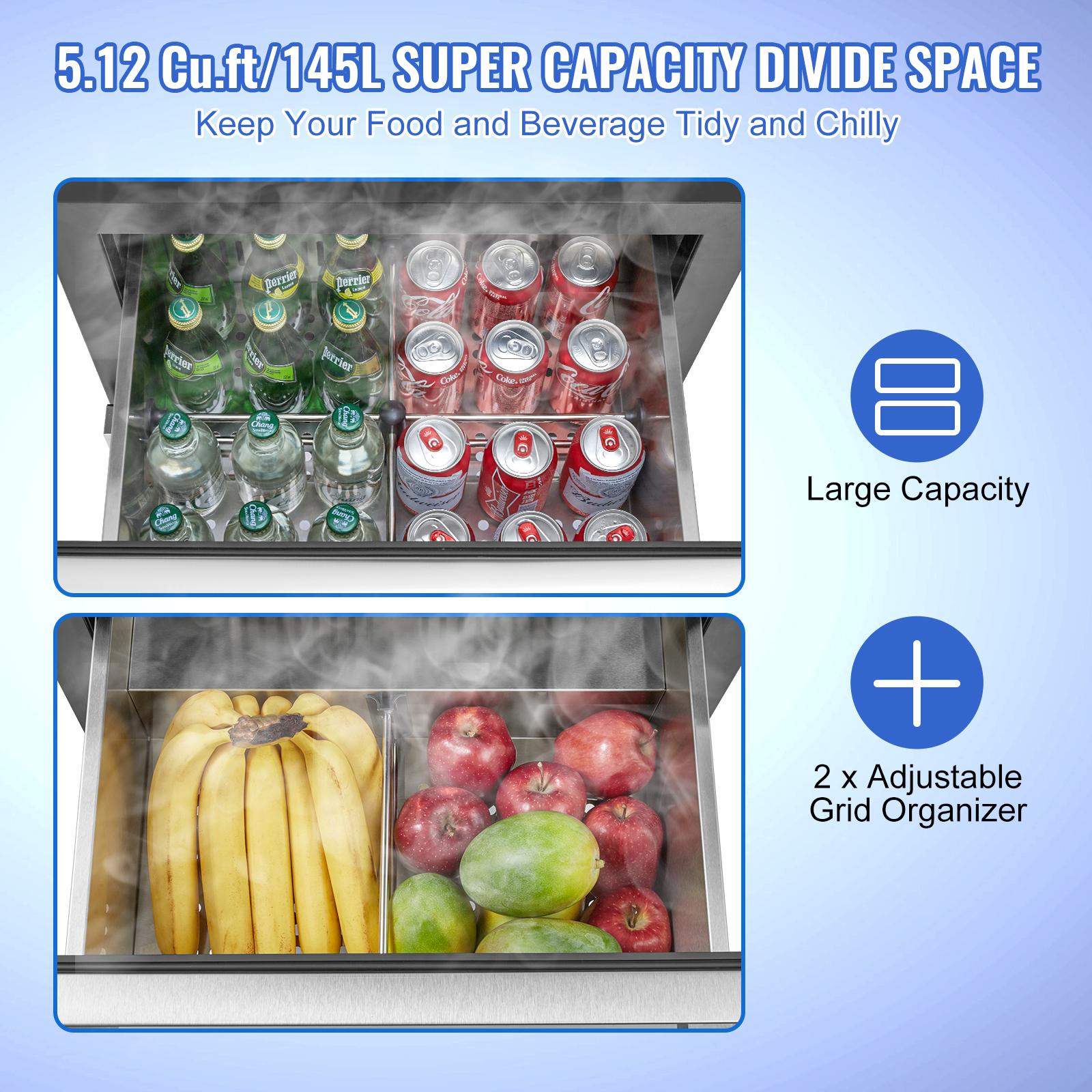 VEVOR 24" Undercounter Drawer Refrigerator Built-in Freezer Beverage Cooler SUS