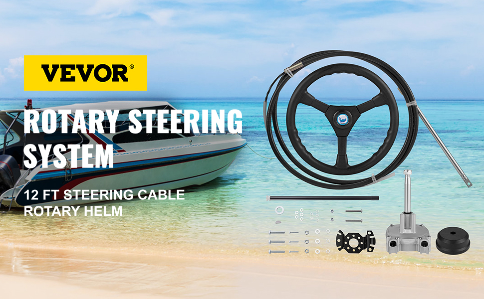VEVOR Rotary Steering Kit Boat Steering System 12 ft Cable Fish Boats