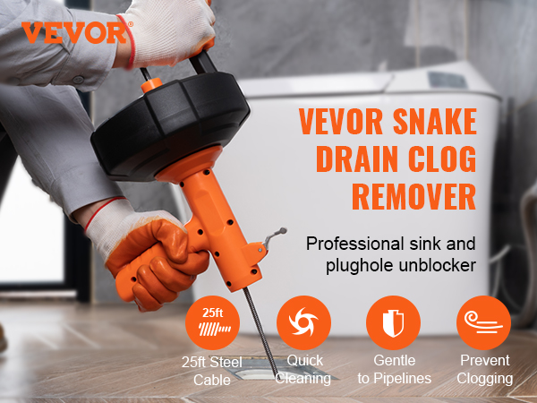 VEVOR Drain Auger 25 ft. Plumbing Snake Clog Remover with Drill Attachment Protective Hose Gloves for Kitchen Bathroom Shower