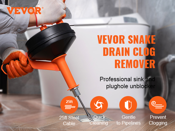 VEVOR Drain Auger 25Ft, Plumbing Snake with Drill Attachment, Plumbers  Snake Drain Clog Remover for Kitchen Bathroom Shower Sink with Protective  Hose and Gloves