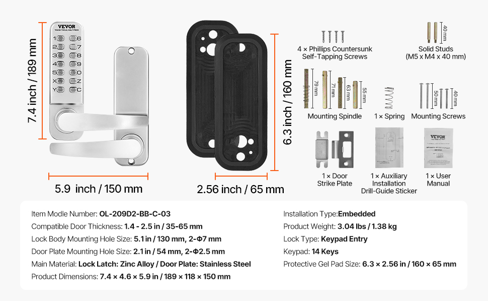 thumbnail image 2 of Mechanical Keyless Entry Door Lock – 14 Key Keypad With 3 Backup Keys, For Home, Model OL-700D2-BC-03 2 of 5