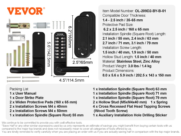 VEVOR Mechanical Keyless Entry Door Lock 14 Digit Keypad and Handle Embedded