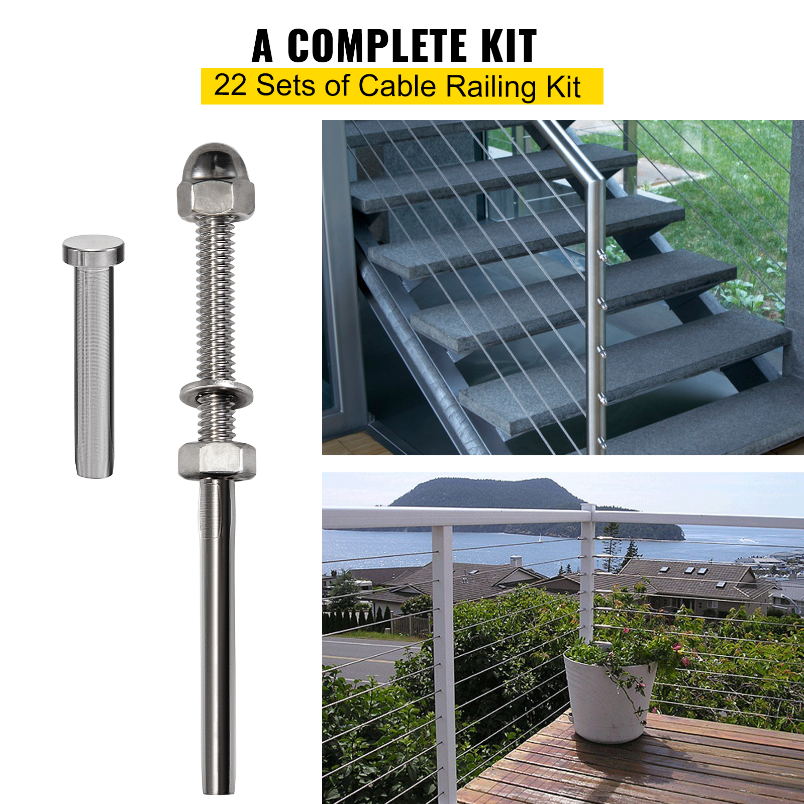 VEVOR 22 Packs Cable Railing Kit, T316 Stainless Steel Swage Threaded ...