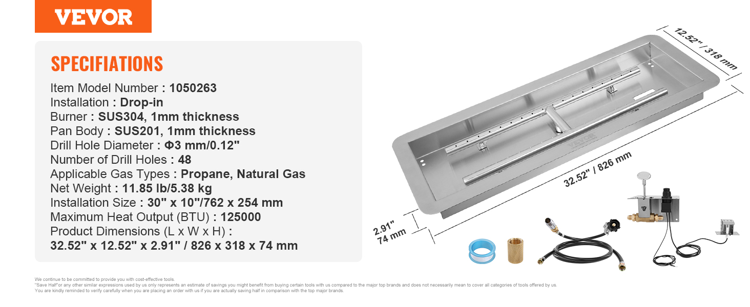 VEVOR 30 x 10 inch Dropin Fire Pit Pan, Rectangular Stainless Steel