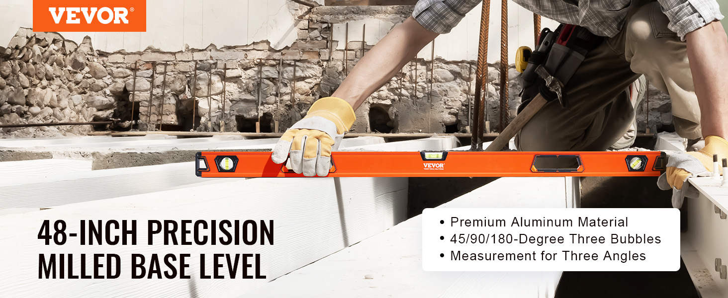 VEVOR Magnetic Torpedo Level, 48 in, Mechanical Bubble Vials Ruler for 45/90/180 Degree, Aluminum Alloy Leveler Tool w/ Viewing Window, Shock-Resistant for Measuring Plumbing, Wood