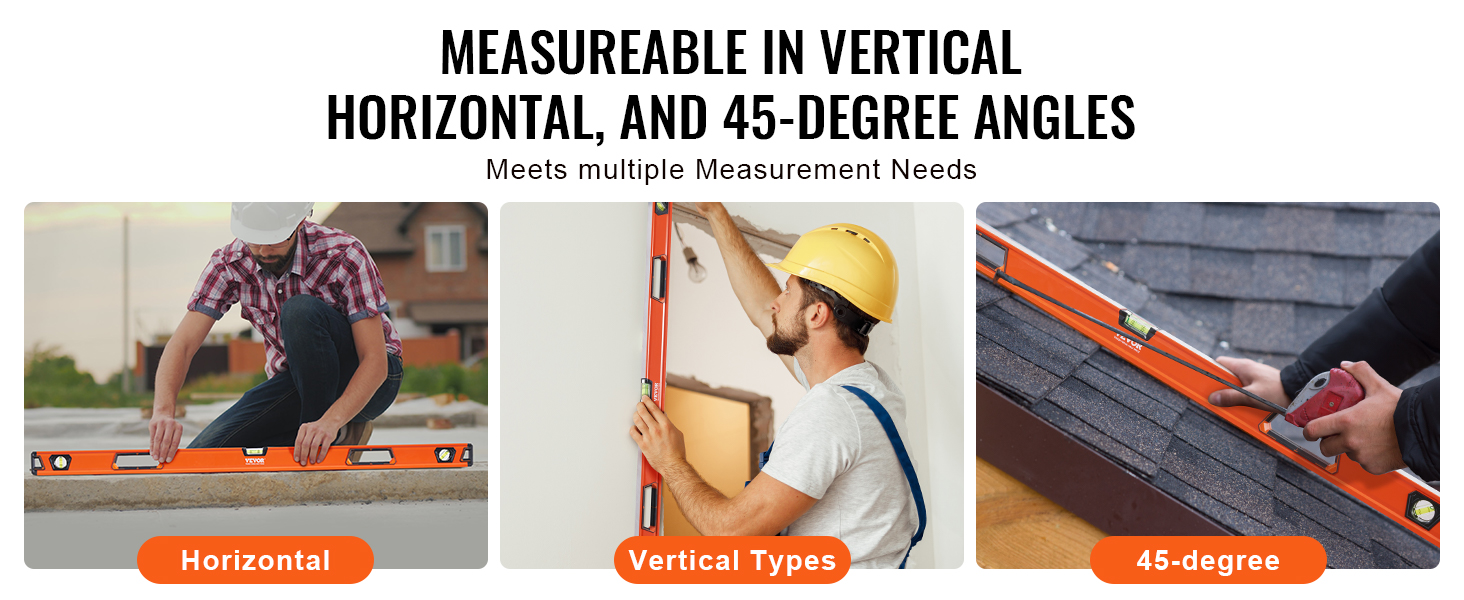 VEVOR Magnetic Torpedo Level, 48 in, Mechanical Bubble Vials Ruler for 45/90/180 Degree, Aluminum Alloy Leveler Tool w/ Viewing Window, Shock-Resistant for Measuring Plumbing, Wood