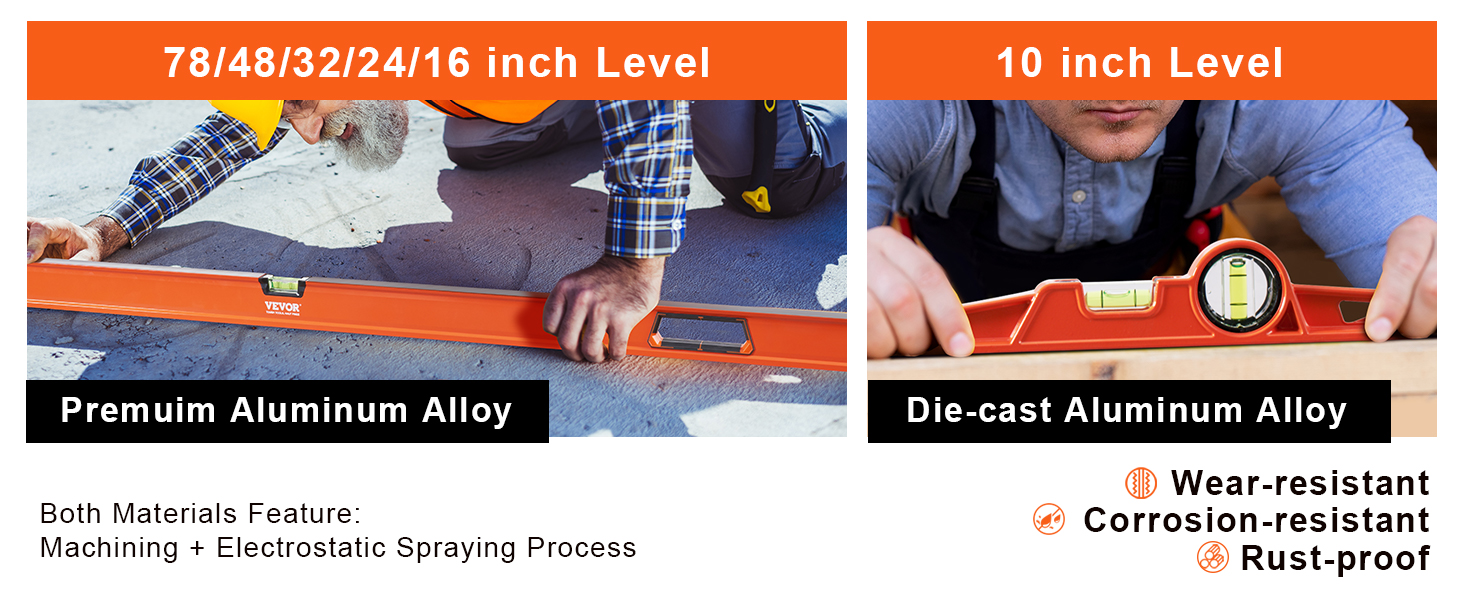 man using VEVOR magnetic torpedo level, available in premium or die-cast aluminum alloy options.