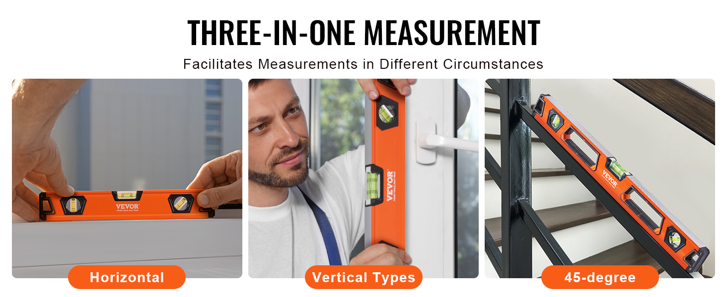 three-in-one VEVOR magnetic torpedo level for horizontal, vertical, and 45-degree measurements.