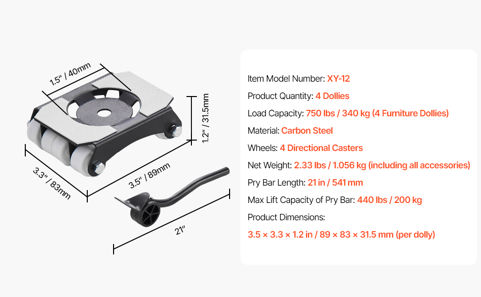 VEVOR Furniture Dolly Heavy Duty Furniture Movers with Casters 750 lbs Capacity