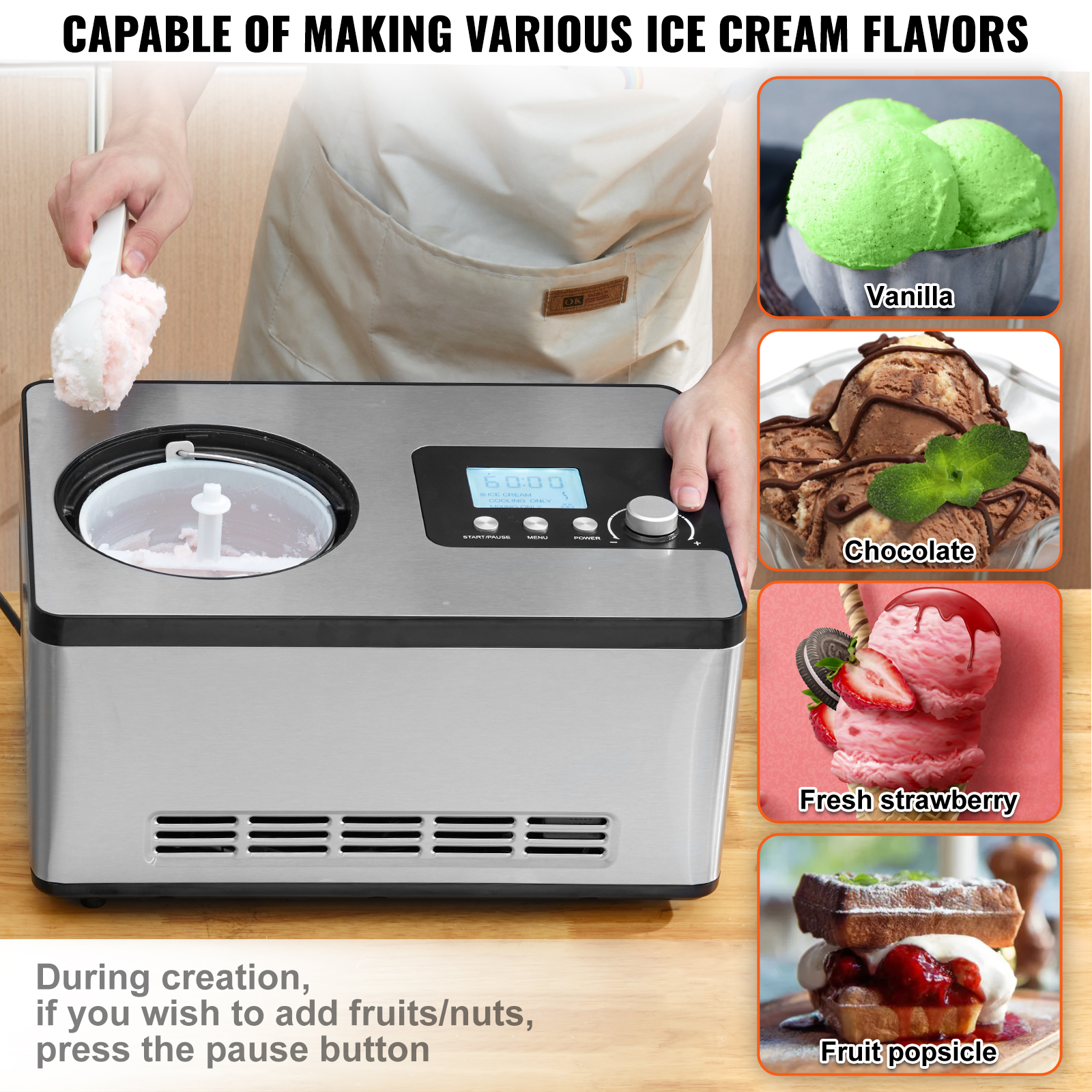 VEVOR 2Qt Automatic Ice Cream Maker Electric Yogurt Gelato Machine Black/Sliver