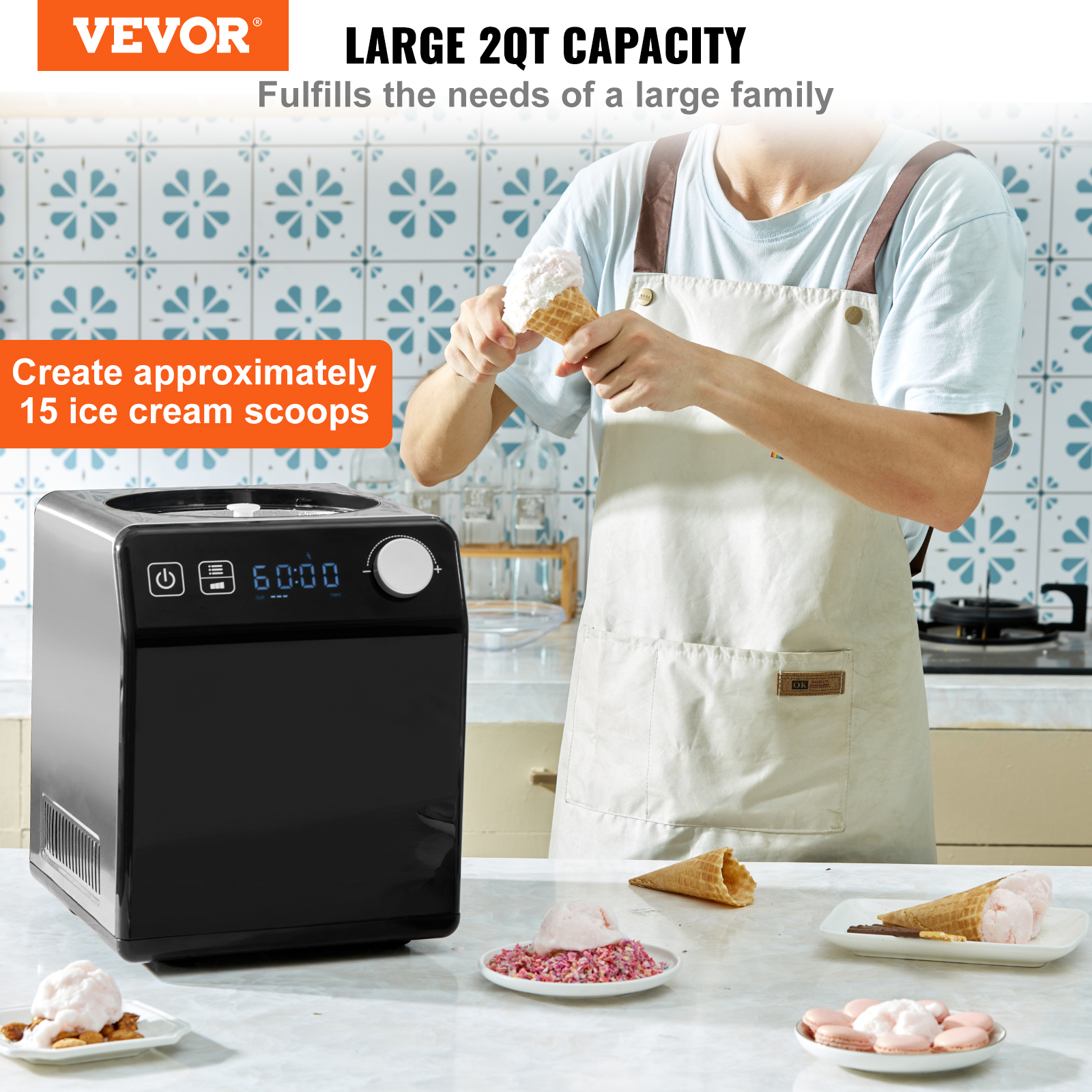 VEVOR 2Qt Automatic Ice Cream Maker Electric Yogurt Gelato Machine Black/Sliver