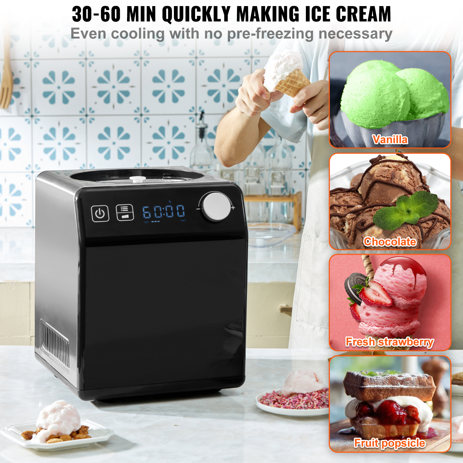 VEVOR 2Qt Automatic Ice Cream Maker Electric Yogurt Gelato Machine Black/Sliver