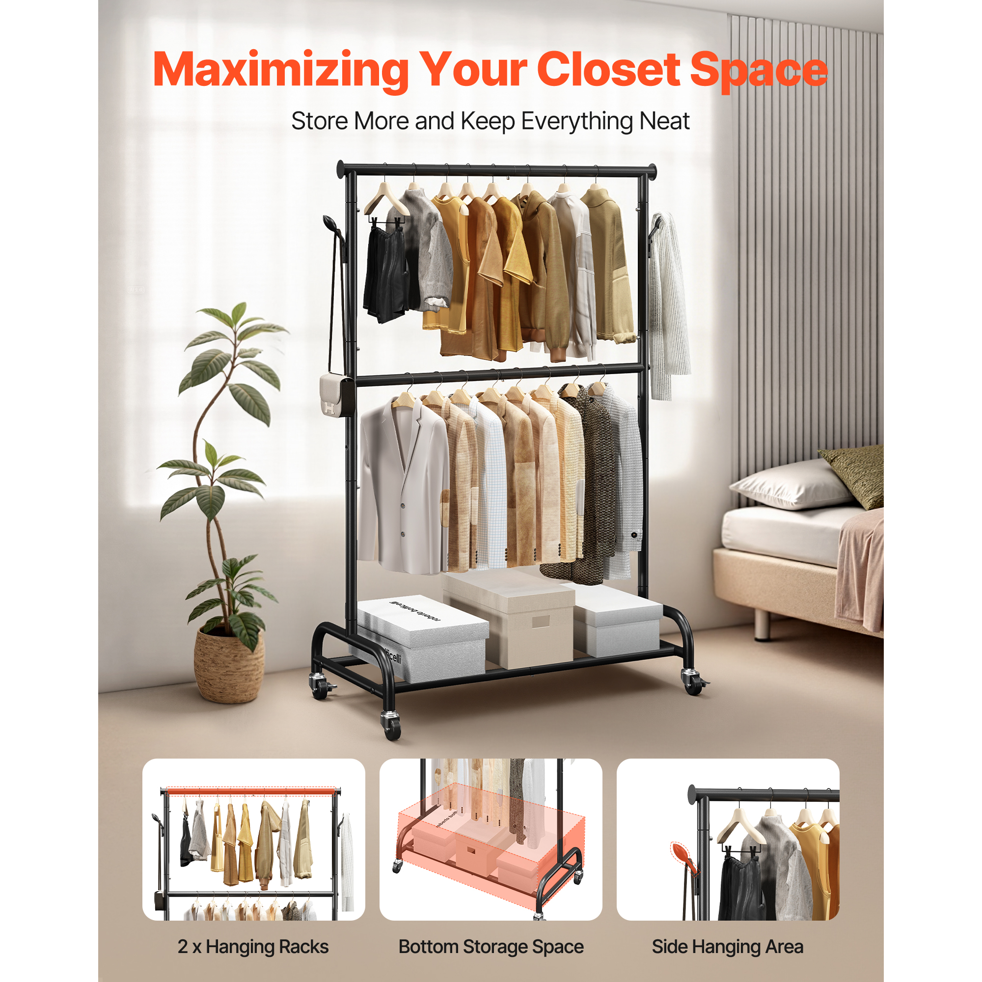 Uimoso Mobile Garment Rack with Hanging Rods, Side Hooks Clothes Storage Shelves