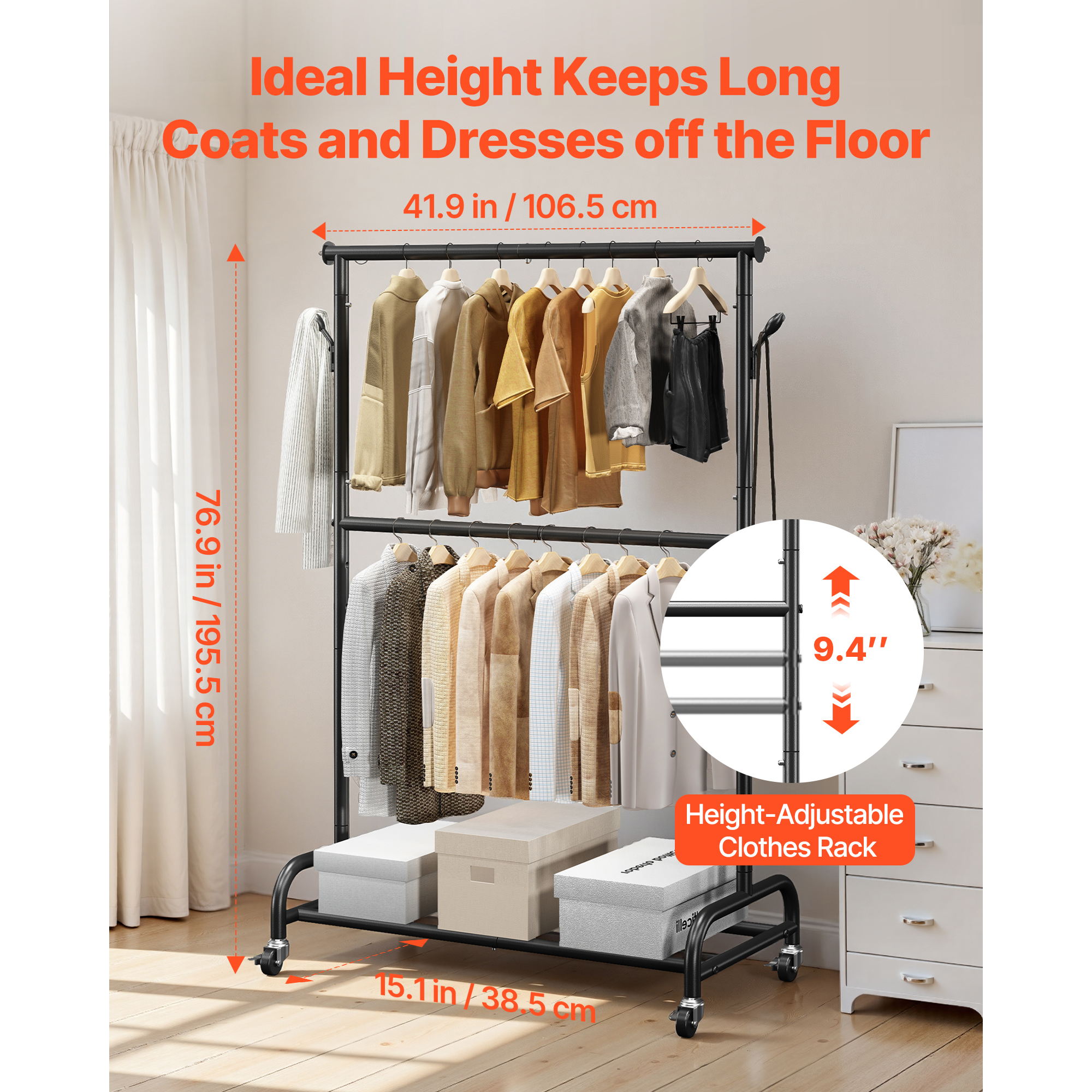 Uimoso Mobile Garment Rack with Hanging Rods, Side Hooks Clothes Storage Shelves