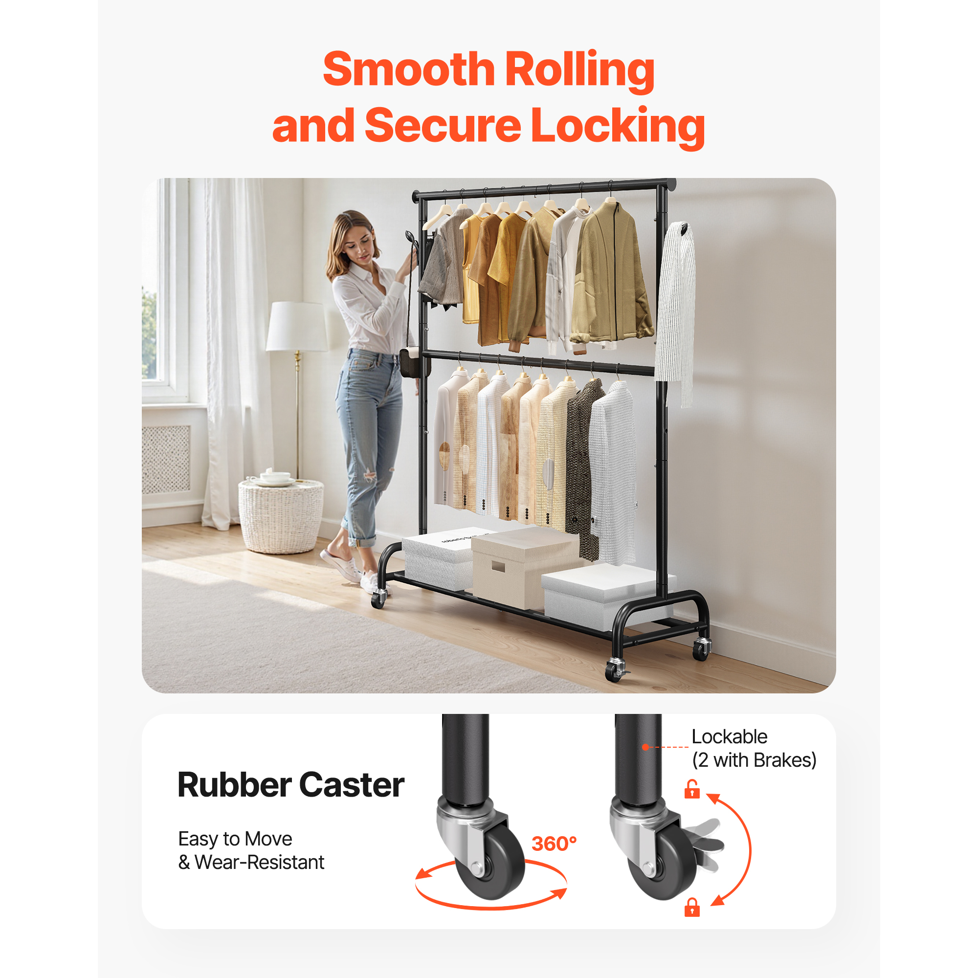 Uimoso Mobile Garment Rack with Hanging Rods, Side Hooks Clothes Storage Shelves