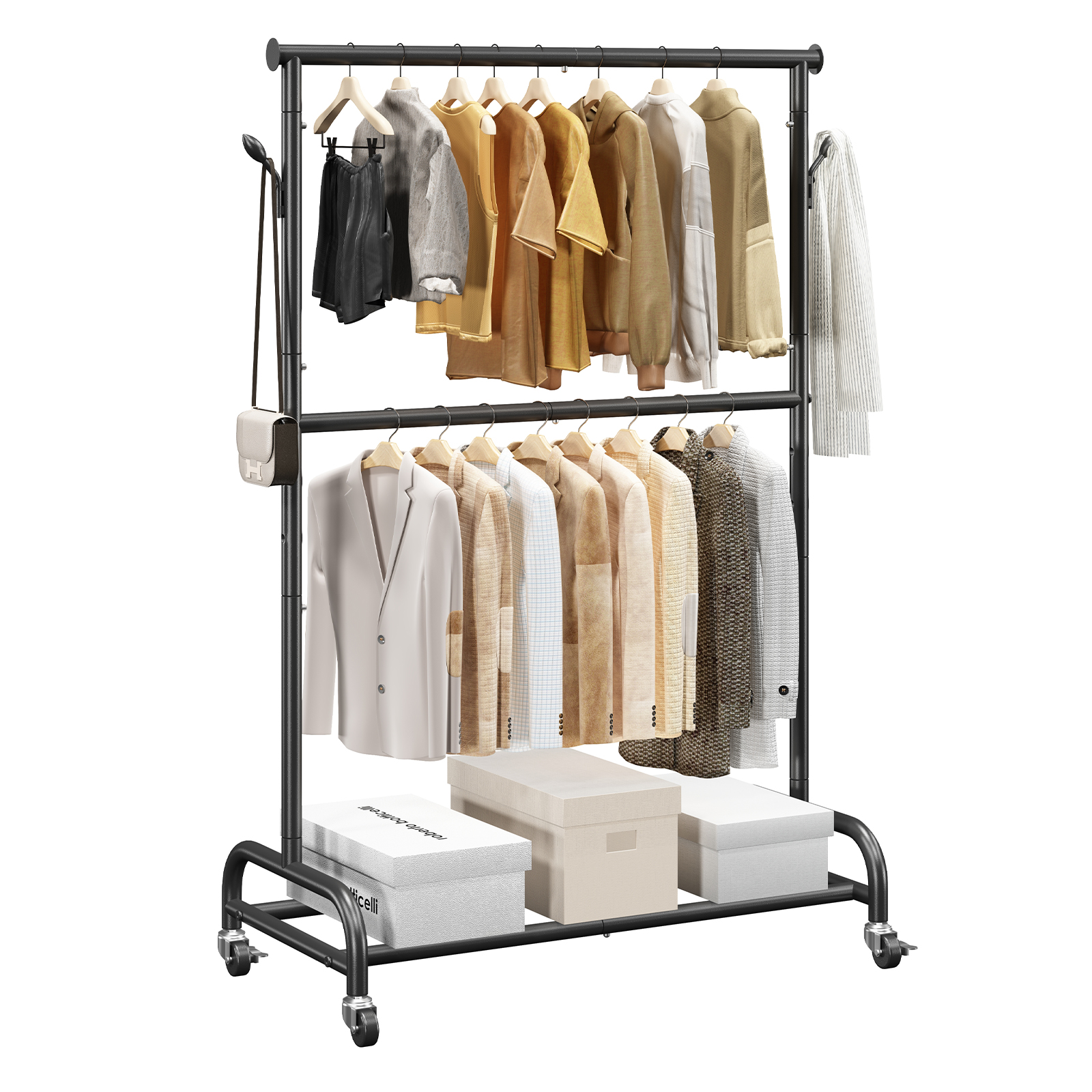 Uimoso Mobile Garment Rack with Hanging Rods, Side Hooks Clothes Storage Shelves