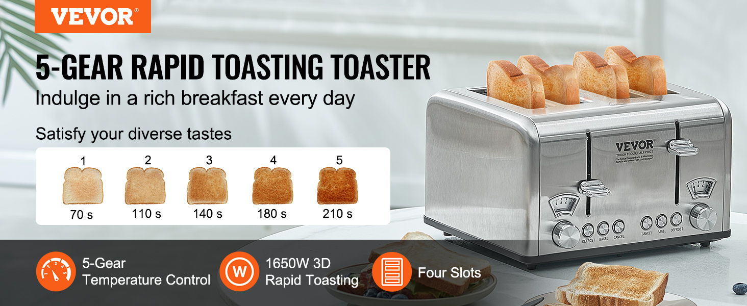 4-Slices Extra Long Slot Toaster w/ Reheat Warming Rack 6 Browning