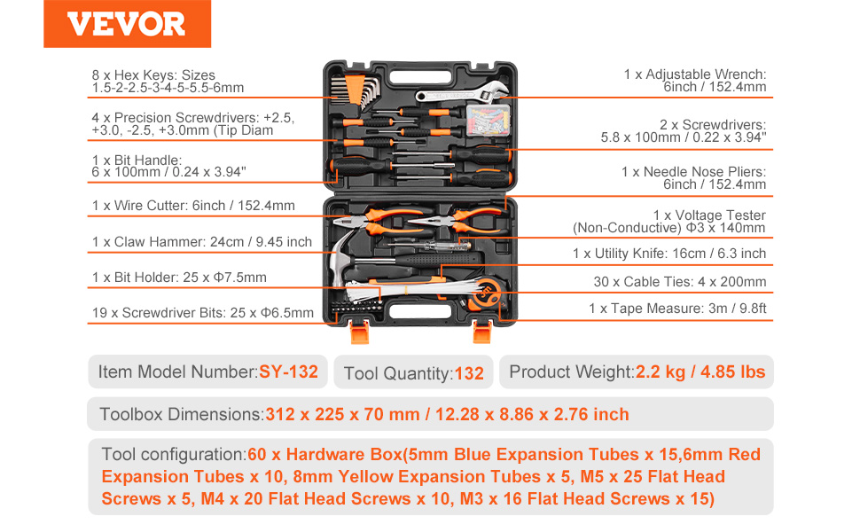 198 Piece Tool Box, Hand Tool Set, Ratchet Socket Tool Set, Screwdriver Set, Home Car Repair Tool, Universal