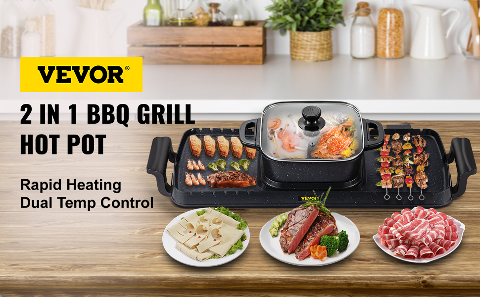 VEVOR 2in1 Electric BBQ Pan Grill Hot Pot 2400W Multifunction Home Portable Smokeless Nonstick Detachable Hot Pot Barbecue Plate