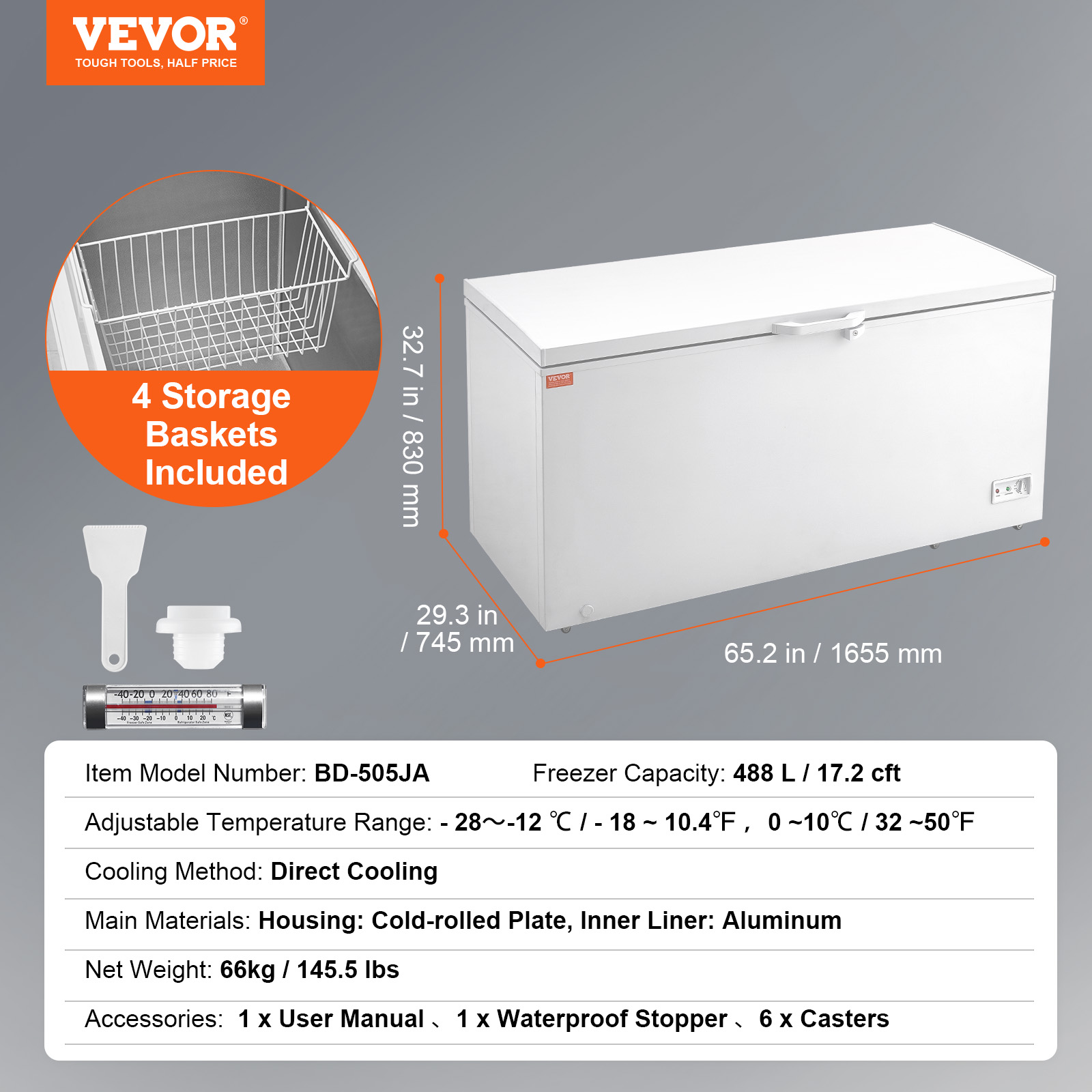 VEVOR 2.22-19.8 cu.ft Chest Freezer Deep Freezer Fridge Digital Display w/Basket