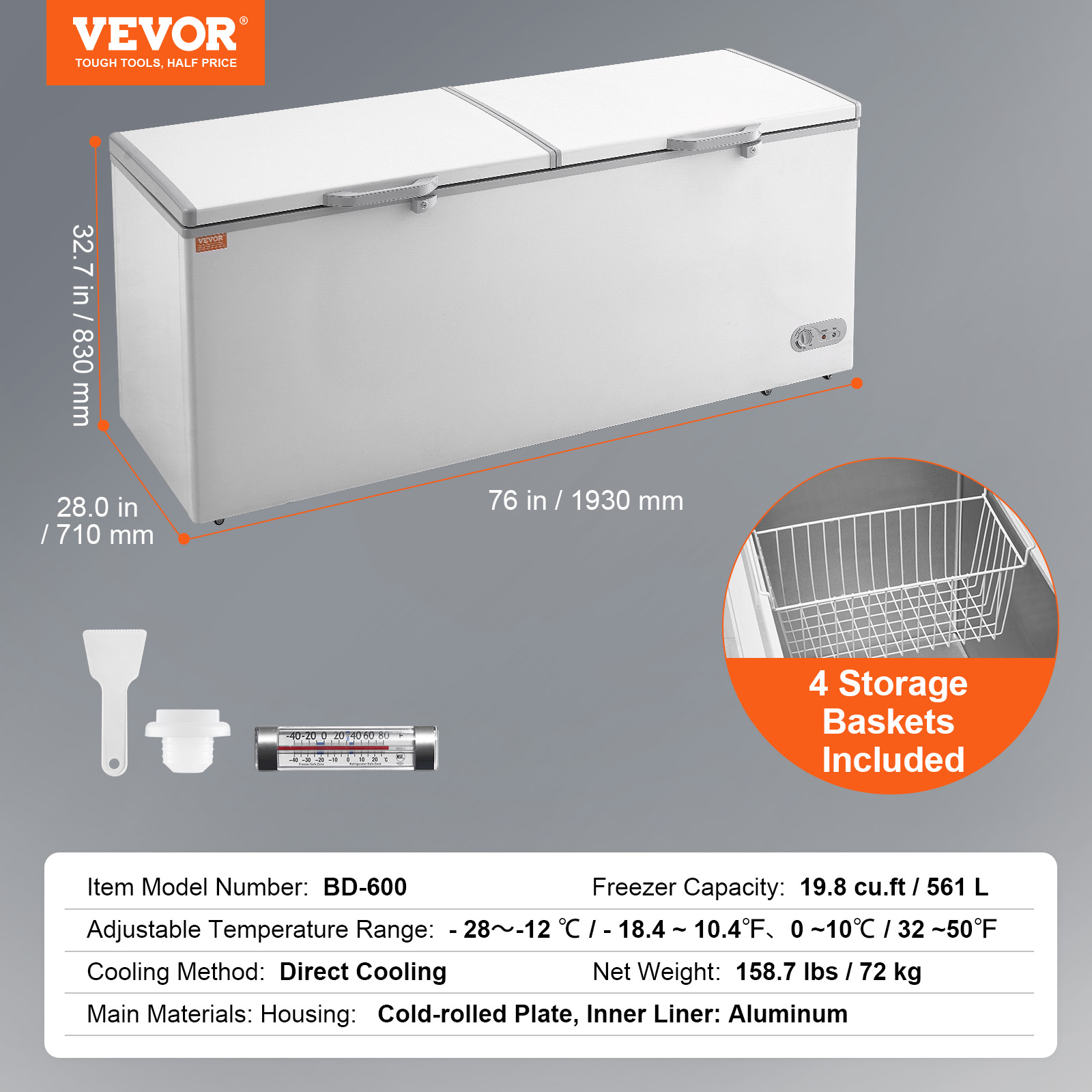 VEVOR 2.22-19.8 cu.ft Chest Freezer Deep Freezer Fridge Digital Display w/Basket