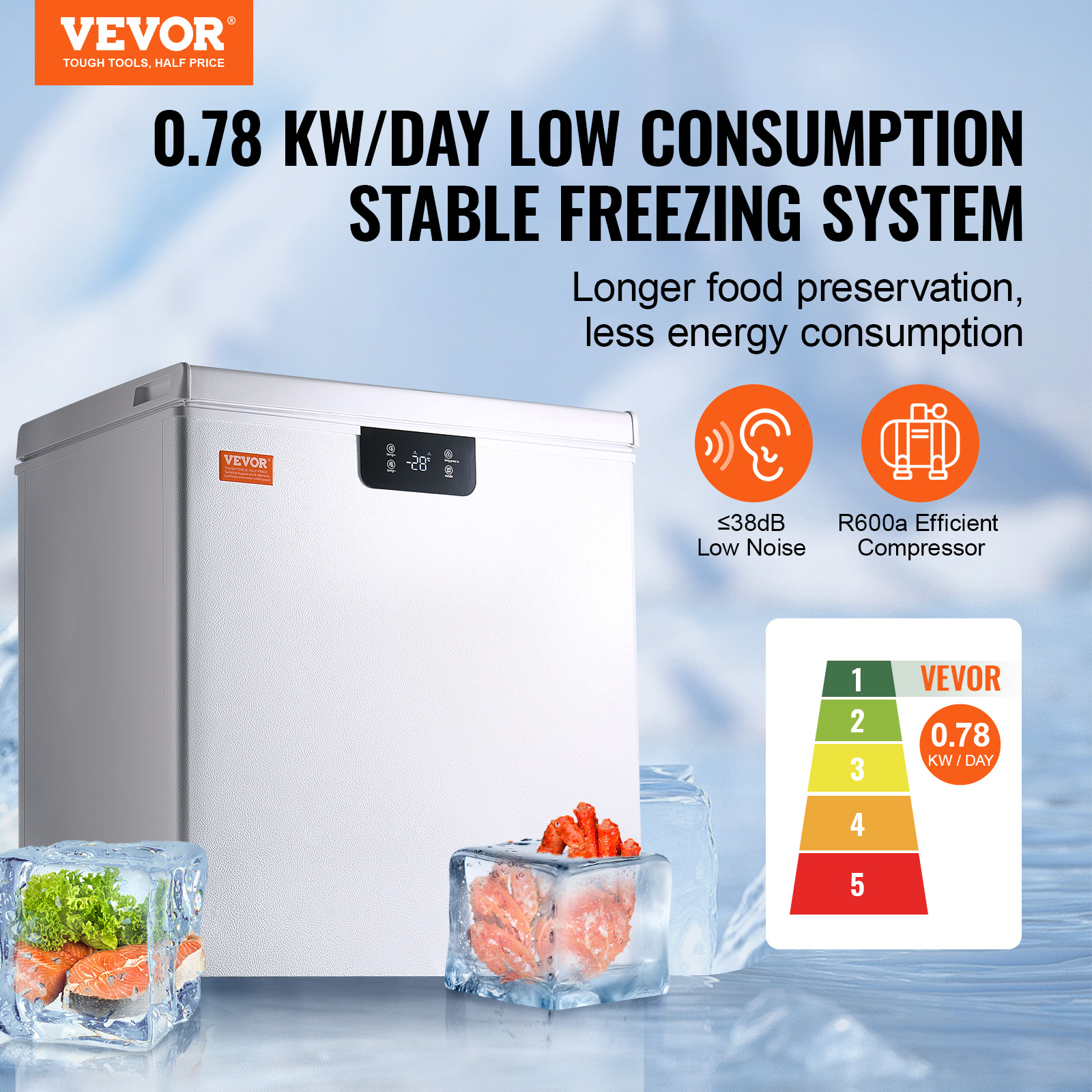 VEVOR 2.22-19.8 cu.ft Chest Freezer Deep Freezer Fridge Digital Display w/Basket