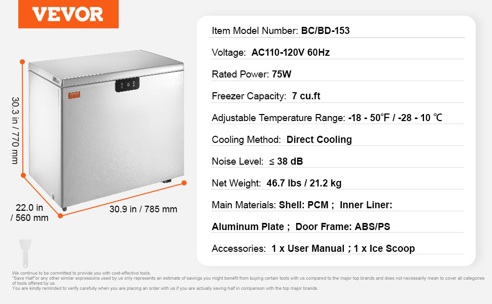 VEVO Chest Feeze, 10 Cu.ft Compact Deep Feeze, Fee